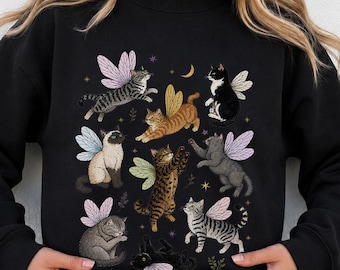 Feenkatzen-Sweatshirt, Katzenliebhaber Rundhalsausschnitt, Cottagecore Sweatshirt, Fairycore wunderliche Katzenpullover, Fantasy-Katzenpullover, süßes Katzenmutter Geschenk