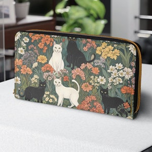 Portefeuille de fleurs sauvages de jardin de chat avec la fermeture à glissière, sac à main de portefeuille pour femmes mignon bohème de cottagecore, accessoire gratuit d'art nouveau William