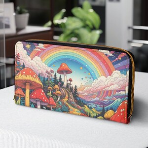 Retro Pilz Regenbogen Brieftasche mit Reißverschluss, Hippie Wildblumen Niedliche Blumen Damen Geldbörse, Grausamkeitsfreies Accessoire