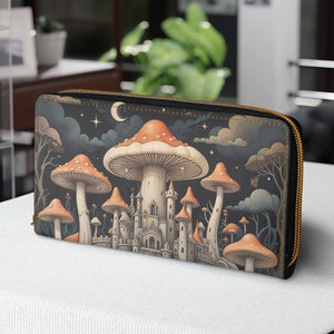 Pilz Burg Geldbörse mit Reißverschluss, Hippie Wildblumen Cottagecore Niedliche Blumen Damen Geldbörse, Tierversuchsfreies Accessoire