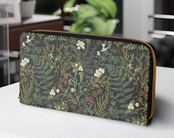 Monedero de helechos del bosque de flores silvestres con cremallera, bolso de cartera floral lindo Cottagecore verde para mujer, accesorio libre de crueldad
