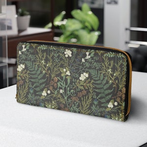 Monedero de helechos del bosque de flores silvestres con cremallera, bolso de cartera floral lindo Cottagecore verde para mujer, accesorio libre de crueldad