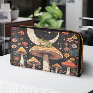Carteira de cogumelo sapo de flores silvestres com zíper, bolsa carteira feminina floral fofa Moon Cottagecore, acessório livre de crueldade