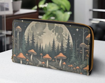 Mushroom Moon Forest Wallet with Zipper, Green Cottagecore Cute Floral Womens Wallet Purse, Cruelty Free Accessory