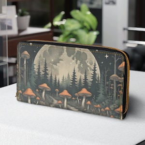 Mushroom Moon Forest Wallet with Zipper, Green Cottagecore Cute Floral Womens Wallet Purse, Cruelty Free Accessory