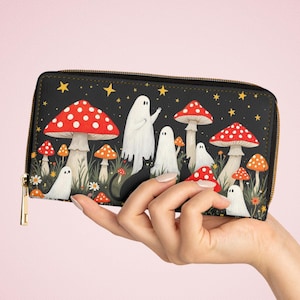 Cartera con cremallera y diseño de hongo fantasma, accesorio de gato negro con flores silvestres, monedero gótico de bruja para mujer, estética kawaii