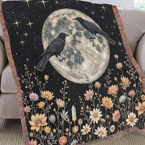 Black Raven Moon Throw Blanket, Witchy Fringe Picnic Blanket, Wildflower Cottagecore Soft Flannel Throw, Floral Bedroom Lounge Home Decor