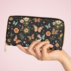 Monedero de flores silvestres de jardín de mariposas con cremallera, bolso de cartera floral para mujer lindo Cottagecore Boho, accesorio libre de crueldad Art Noveau William