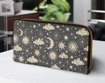 Celestial Stars Moons Wallet with Zipper, Boho Hippie Punk Cute Womens Wallet Purse, Cruelty Free Accessory