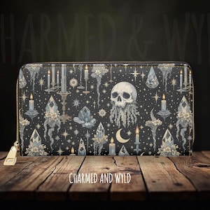 Cartera con calavera de cristal y cremallera, accesorio estilo cottagecore gótico, monedero de mujer con estilo gótico y brujería