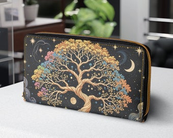 Tree Of Life Wallet with Zipper, Hippie Cottagecore Moon Star Cute Womens Wallet Purse, Cruelty Free Accessory