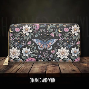 Portefeuille floral papillon mystique avec fermeture à glissière, accessoire cottagecore gothique, porte-monnaie femme mignon sorcière fleurs sauvages