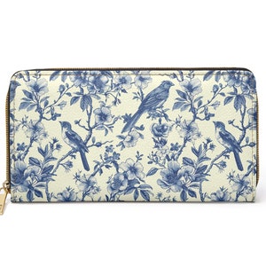 Carteira de pássaro floral azul com zíper, acessório Art Nouveau William Cottagecore, bolsa carteira feminina gótica e fofa de bruxa