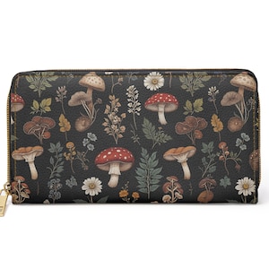 Cartera con cremallera con diseño de setas y flores silvestres, monedero para mujer con diseño floral verde Cottagecore, accesorio bohemio libre de crueldad animal
