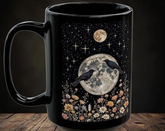 Taza de café negra Magic Ravens de 11 oz y 15 oz, taza estética gótica lunar, taza de bruja, decoración floral silvestre para el hogar