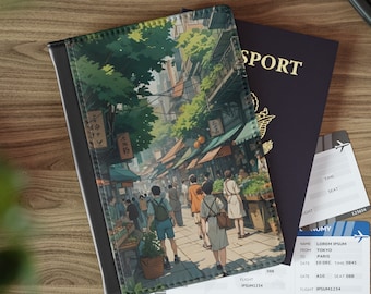 Titular del pasaporte del mercado callejero de anime, cubierta de pasaporte de cuero sintético verde Kawaii Hippie Cottagecore para las mujeres, regalo de la caja de viaje de moda