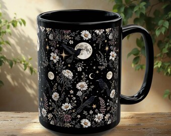 Taza de café Black Ravens de 11 oz y 15 oz, taza estética gótica lunar, taza floral de bruja, decoración floral silvestre para el hogar