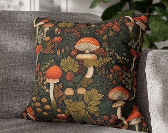 Funda de almohada cuadrada de flores silvestres de setas, funda de almohada boho hippie verde Cottagecore, regalo de decoración del hogar del salón del dormitorio