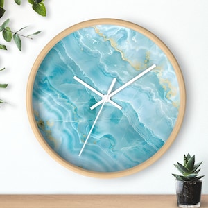 Blue Marble Looking Wall Clock, Ocean Aesthetic Kitchen Wall Clock, Boho Nature Beach Home Decor, Coastal Gift for Her
