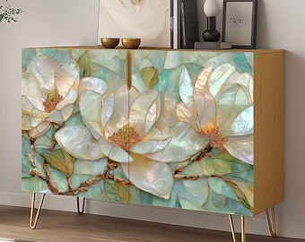 Aparador con estampado de flores de magnolia, consola con arte floral verde, mueble de almacenamiento para sala de estar boho, unidad de entretenimiento, consola multimedia