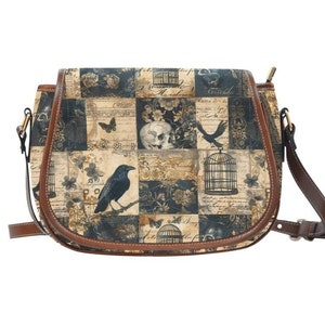 May include: A saddle bag with a patchwork design featuring a raven, skull, and birdcage. The bag has a brown leather strap and trim. The background includes floral and script elements in shades of beige, black, and blue.