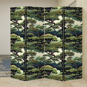 Bonsai Tree Illustration Room Divider, Anime Wall Divider, Cottagecore Bedroom Living Home Decor, Wildflower Wall Art, Green Folding Screen