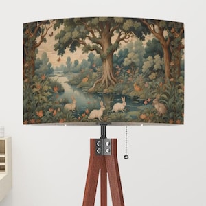 Rabbit Art Nouveau Floor Lamp with Printed Shade, Floral Moss Gothic Home Decor, William M Standing Lighting Boho Nature Bedroom Living Room