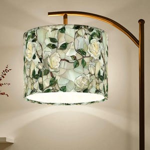 White Rose Floor Lamp Linen Shade, Cottagecore Floral Home Decor, VintageStyle Standing Lighting Bedroom Living Room