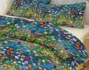 Monet Wildflower Duvet Cover Set, Claude Cottagecore Nature Quilt Bedroom Shams, Botanical Art Pillow Case Set, King Queen Twin Bedding