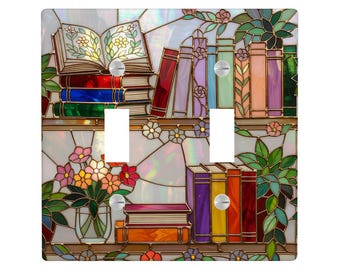 Bookshelf Art Light Switch Cover, Stained Glass Look Printed Lighting Power Plate Wall Outlet Panel, Nature Home Decor