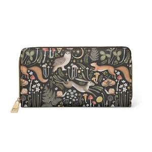 Cartera con cremallera de animales de Mystical Woodlands, monedero de mujer con diseño floral lindo de Cottagecore verde, accesorio libre de crueldad animal con flores silvestres