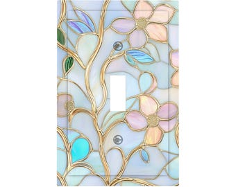 Stained Glass Print Wildflower Light Switch Cover, Lighting Power Plate Outlet Panel, Cottagecore Mosaic Modern Art Unique Wall Home Decor