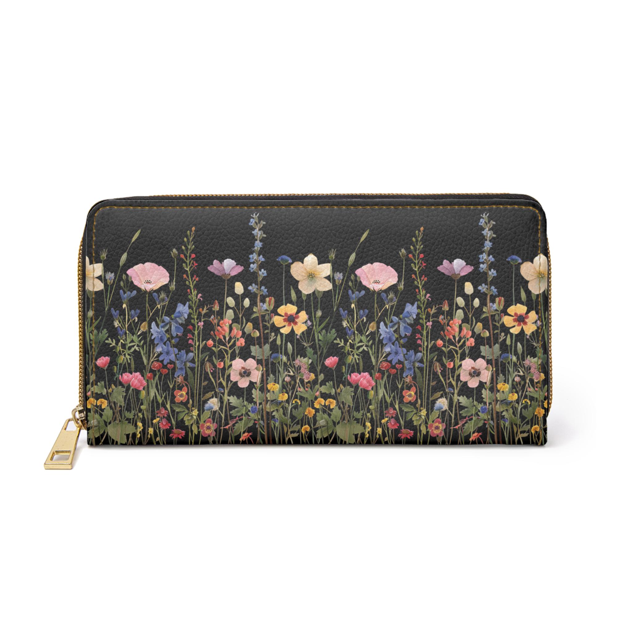 Black Watercolor Wildflower Wallet With Zipper, Farmhouse Cottage