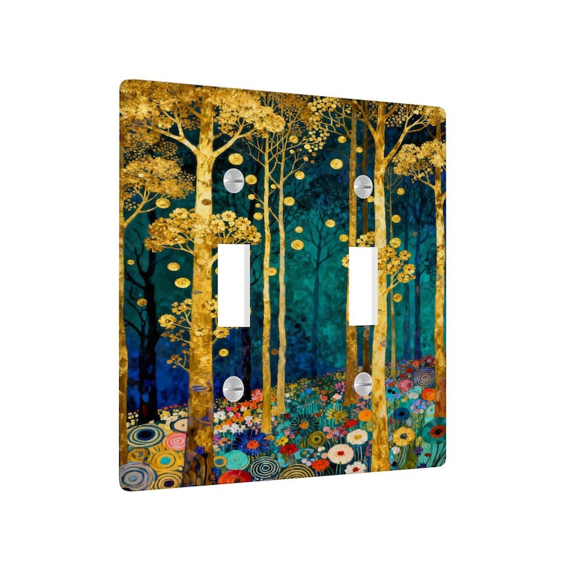 May include: A double light switch cover featuring a forest scene. The artwork depicts tall, golden trees against a teal and dark blue background. Colorful flowers and circular patterns adorn the lower portion of the cover.