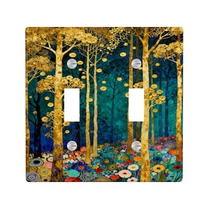 May include: A double light switch cover featuring a vibrant forest scene. The artwork showcases golden trees against a teal and dark blue background, with colorful flowers at the base. The cover has two switch openings and silver screws.