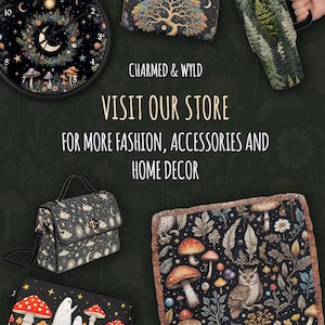 May include: An assortment of home decor and accessories with a celestial and woodland theme. Items include a clock, wallet, tumbler, handbag, blanket, and laptop sleeve. The image includes the text "CHARMED & WYLD" and "VISIT OUR STORE FOR MORE FASHION, ACCESSORIES AND HOME DECOR."