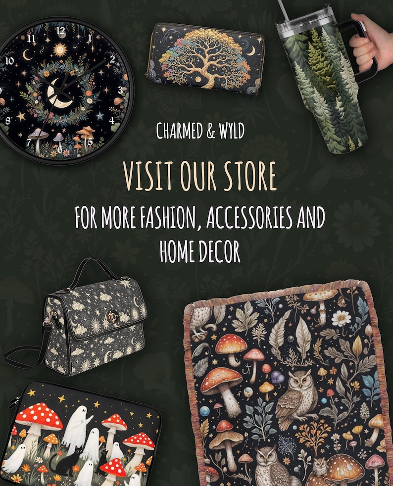 May include: An assortment of home decor and accessories with a celestial and woodland theme. Items include a clock, wallet, tumbler, handbag, blanket, and laptop sleeve. The image includes the text "CHARMED & WYLD" and "VISIT OUR STORE FOR MORE FASHION, ACCESSORIES AND HOME DECOR."