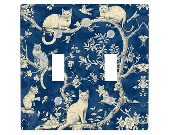 Cat Chinoiserie Light Switch Cover, Lighting Power Plate Outlet Panel, Floral Mid Century Modern Art Blue Toile Wall Home Decor
