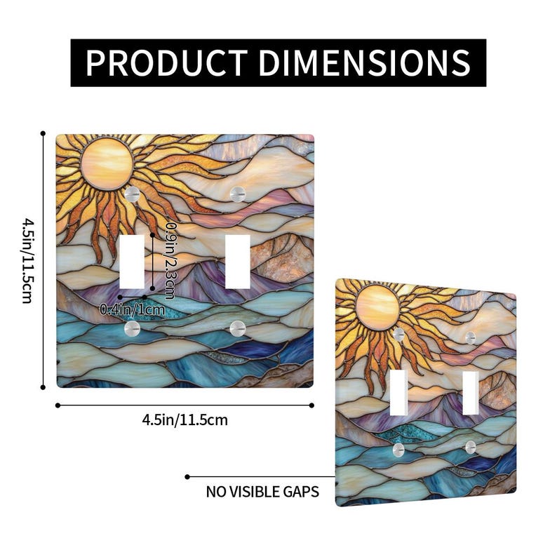 May include: Light switch cover with a stained glass design. It features a sun, mountains, and water in orange, yellow, blue, and purple. The cover measures 11.5cm by 11.5cm.