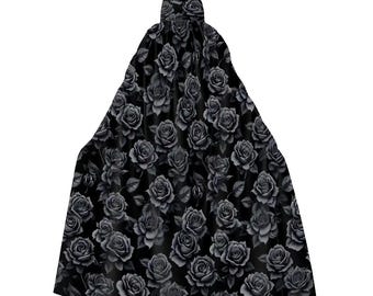 Black Rose Hooded Cloak Robe, Floral Witchy Hooded Long Jumper, Gothic Cottagecore Fashion