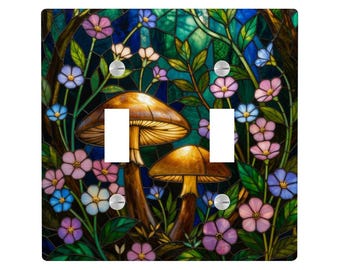 Cubierta de interruptor de luz con diseño de hongo y flor silvestre, placa de enchufe con aspecto de vidriera falsa, estilo gótico bohemio y brujería.