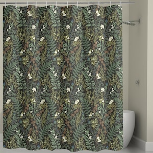 Green Wildflower Shower Curtain, Nature Hippie Leafy Cottagecore Bathroom Accessory, Wildflower Witchy Home Decor