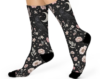 Black Raven Wildflower Socks, Cottagecore Witchy Socks, Emo Punk Gothic Fashion, Mens Womens Adults Unisex Socks