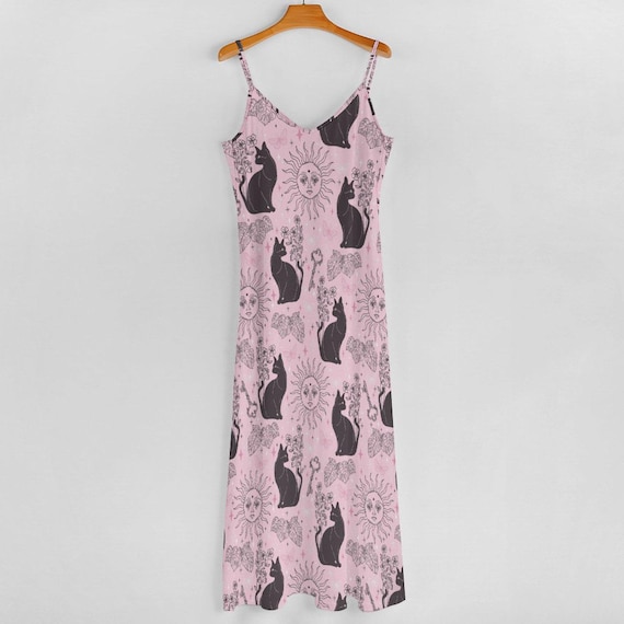 Black Cat Sun Womens Long Maxi Dress, Pink Summer Dress, Bohemian