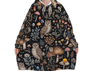 Owl and Mushroom Blanket Hoodie, Witchy Black Wildflower Hooded Jumper, Cottagecore Fashion Home Accessories