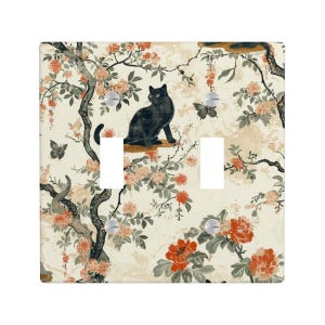 Black Cat Art Nouveau Wildflower Light Switch Cover, Lighting Power Plate Outlet Panel, Floral Mid Century Modern Art Unique Wall Home Decor