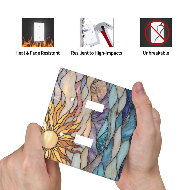 May include: A decorative light switch cover with a stained glass design. The cover features a sun design in shades of yellow and orange on the left, transitioning to blue and purple on the right. The text reads: Heat & Fade Resistant, Resilient to High-Impacts, Unbreakable.