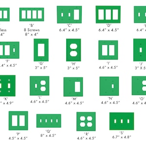 May include: A collection of green electrical wall plates in various configurations, including single, double, and multiple openings for switches and outlets. Sizes range from 3" x 5" to 8" x 4.5". Each plate is labeled with a letter and dimensions in inches.