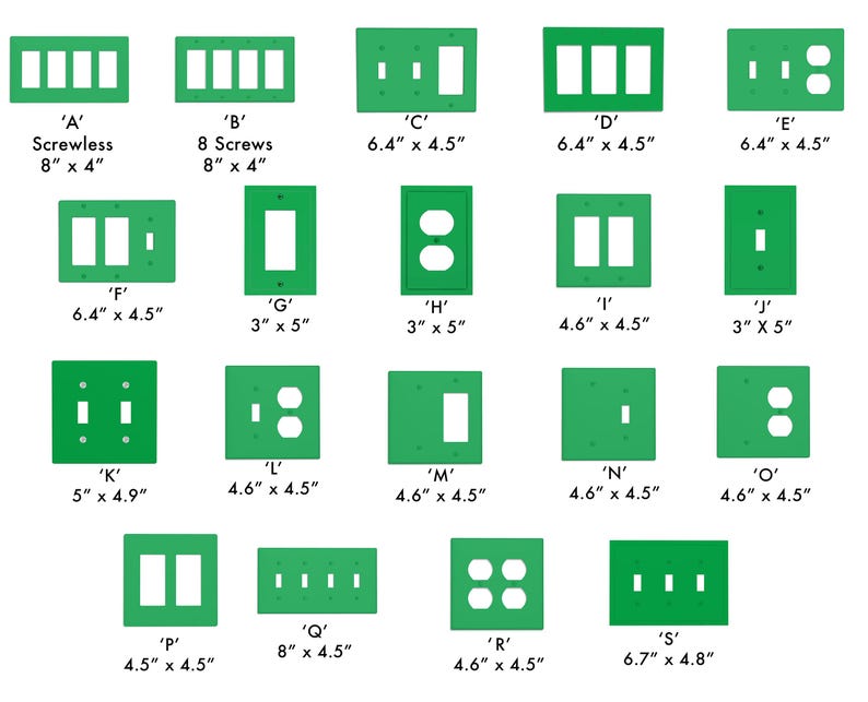 May include: A collection of green electrical wall plates in various configurations, including single, double, and multiple openings for switches and outlets. Sizes range from 3" x 5" to 8" x 4.5". Each plate is labeled with a letter and dimensions in inches.