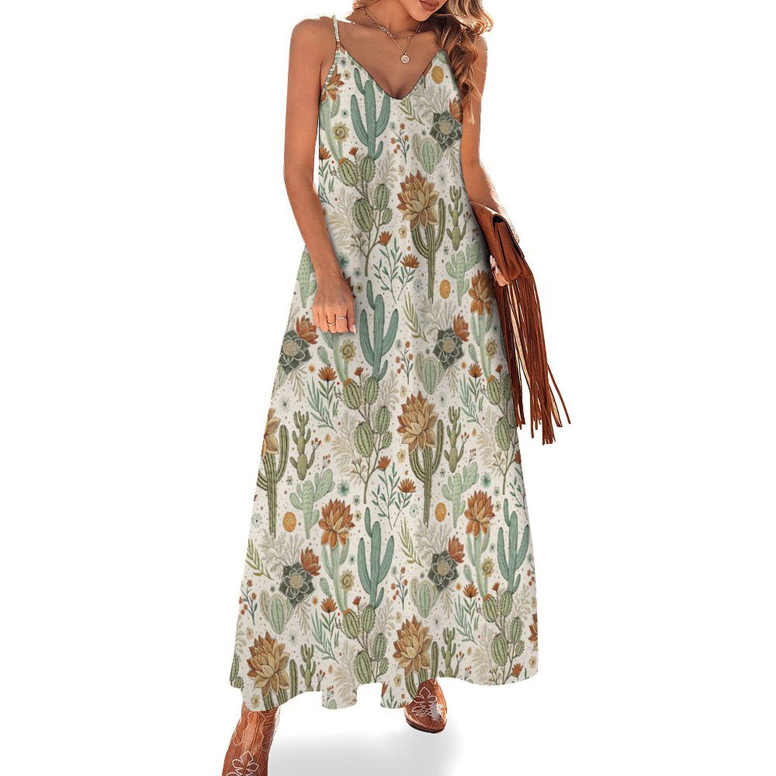 Western Cactus Bohemian Womens Long Maxi Dress, Summer Dress, Desert Fashion, Nature Hippie Clothing, Yellow Spaghetti Strap Long Dress